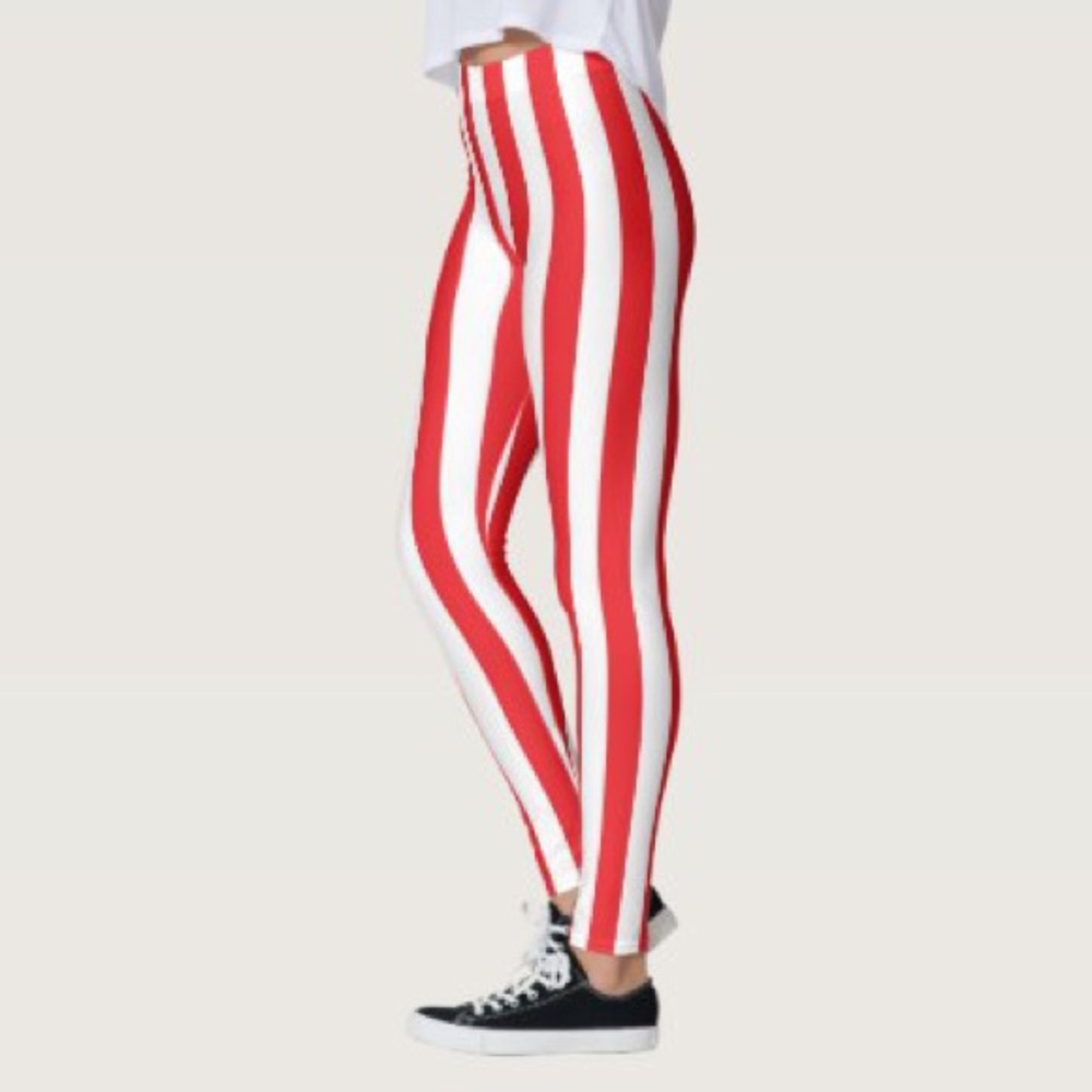 Red and white vertical stripe leggings